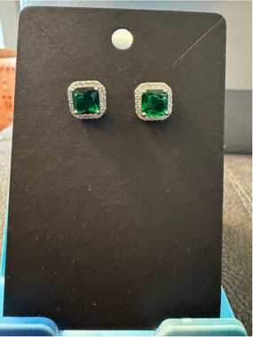 Moissanite Green & Silver Emerald Cut Stud Earrings - Brand New